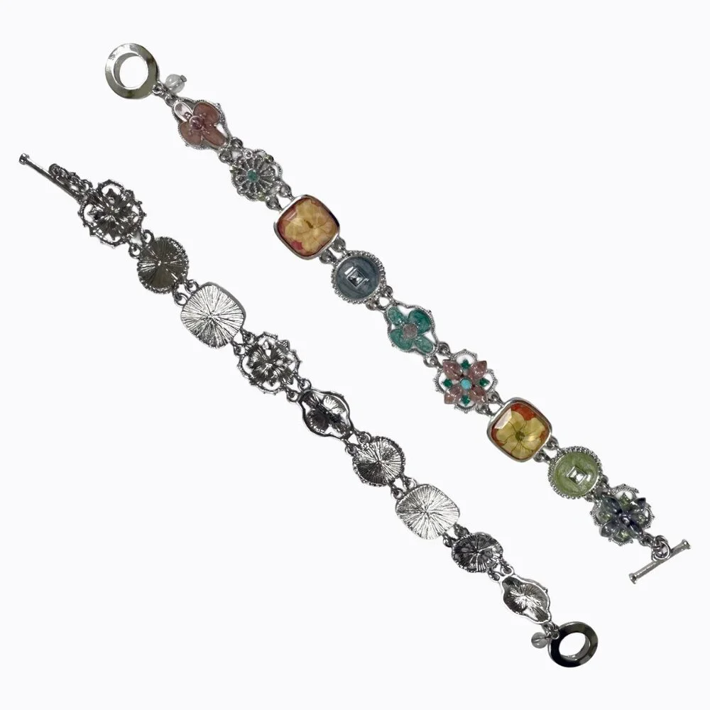 Vintage Napier Silver Multicolor Enamel Bracelet Floral Motif Toggle Retro Charm